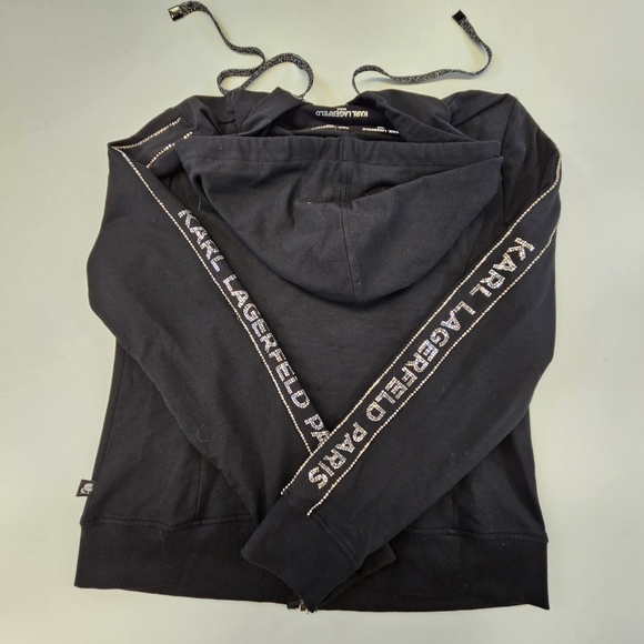 Karl Lagerfeld Black Hoodie Full Zip Spellout Tape With Sparkles Womens Small - Picture 8 of 8